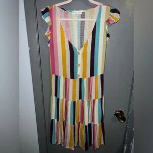 Day to Day blu pepper multi colored tiered dress with faux button front detail
